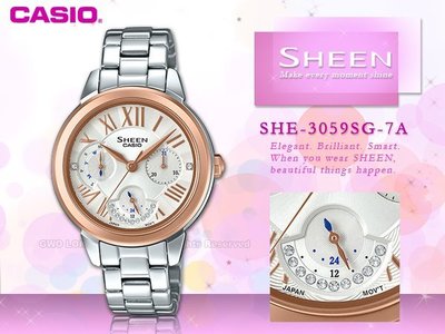 CASIO 卡西歐 手錶專賣店 國隆 SHEEN SHE-3059SG-7A 三眼女錶 不鏽鋼錶帶 銀 防水50米 全新品