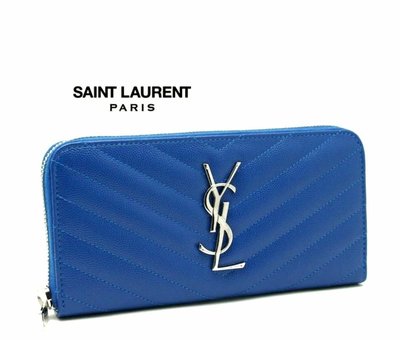 Saint Laurent Paris YSL ( 藍色×金屬銀色) 立體LOGO 真皮壓紋拉鍊長夾 皮夾 錢包｜100%全新正品