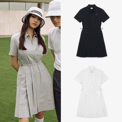 【高爾夫穿搭】高爾夫球衣 高爾夫女裝 高爾夫短袖 秋季韓國高爾夫女士素色緊身休閒洋裝翻領收腰顯瘦短袖風衣長裙