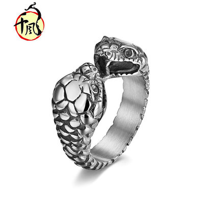 亞馬遜貨源歐美風雙頭蛇不銹鋼女戒指環 鈦鋼做舊蛇頭雜志風戒子