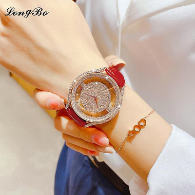 LONGBO品牌熱銷37mm鑲鑽旋轉錶盤時尚個性女生手錶女士皮帶30m防水潮流熱賣石英腕錶