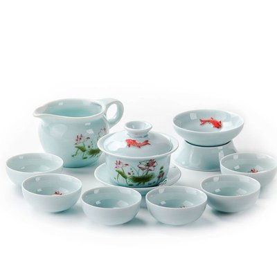 熱銷 龍泉青瓷手繪鯉魚金魚杯陶瓷功夫大茶杯茶壺蓋碗整套喝茶杯 可開發票