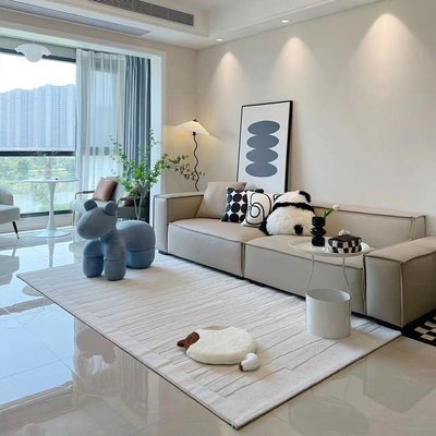 宇秀客廳奶油風米白色現代極簡沙發地毯純色條紋臥室高級感