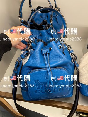 EL~ COACH 1898 藍色 素面皮革 浮雕馬車 手提斜背水桶包 現貨 付購買收據 特價5980免運