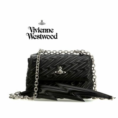 Vivienne Westwood ►( 黑色 ×金屬銀鍊 ) 閃電壓紋 真皮肩背包 斜背包 側背包｜100%全新正品｜特價！英國限定稀有款！