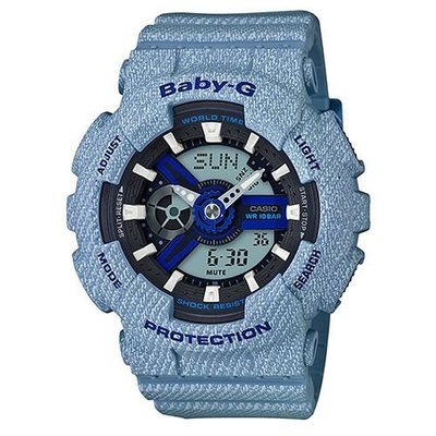 BABY-G熱銷款丹寧布料元素設計休閒錶(BA-110DE-2A2復古水洗藍43.3mm