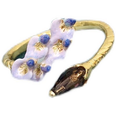 現貨熱銷-大牌潮款法國琺瑯釉首飾品Les Nereides 紫藤花鑲鉆寶石 可調節開口戒指