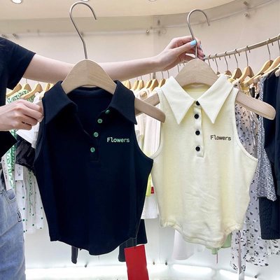 韓國代購✈️十三行夏季新款韓版polo領單排扣不規則撞色無袖背心上衣