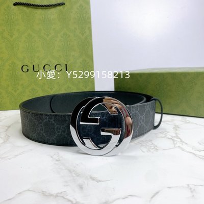 小愛正品 GUCCI PVC 全新黑色PVC銀LOGO皮帶腰帶 411924 現貨