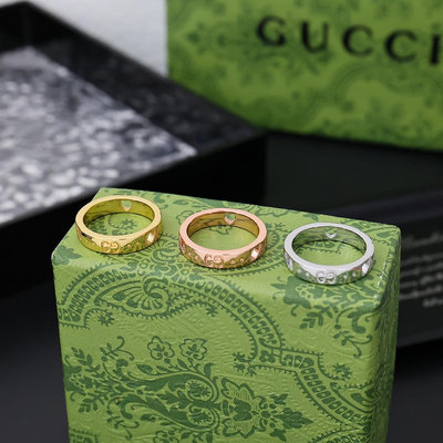 Gucci古馳古奇 十八K黃金白金 玫瑰金鏤空星星心型 雙G  情侶戒指- NO28339