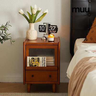 床頭櫃MUU復古實木床頭柜臥室簡約置物柜家用小型儲物柜收納床邊小柜子