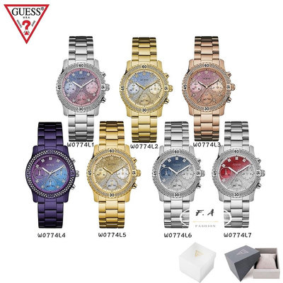 GUESS Sol 多功能女生手錶 漸變色的天堂 雙排水晶閃光漸變頂環超越了漸變閃光錶盤 搭配時尚金屬手鏈 W0774L1 W0774L2 W0774L3