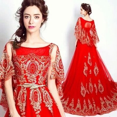 天使佳人婚紗禮服---------紅色復古奢華釘珠晚禮服晚宴服