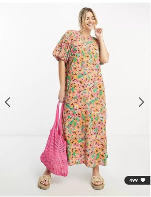 (嫻嫻屋) 英國ASOS-Monki花卉印花圓領泡泡袖寬鬆造型中長裙洋裝 EG23