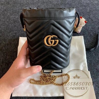 二手精品 Gucci 古馳 GG Marmont 金標Logo 抽繩水桶包 鏈條單肩包 斜挎包 迷你 女款 575163