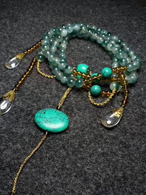 古董古玩收藏老朝珠108顆老翡翠朝珠一條配飾為綠松石水晶