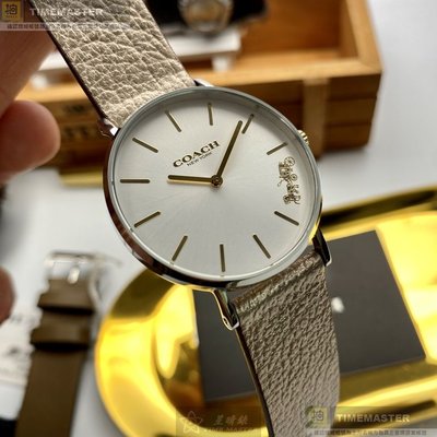 COACH手錶,編號CH00088,36mm銀圓形精鋼錶殼,白色簡約, 中二針顯示錶面,金色真皮皮革錶帶款