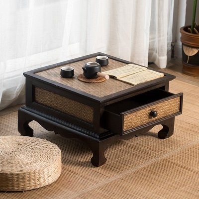 熱銷 幾實木禪意飄窗桌茶桌竹編中式矮桌茶臺炕桌