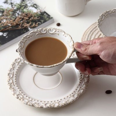 歐式復古宮廷風奢華復古浮雕陶瓷下午茶咖啡杯碟馬克杯早餐杯家用-~特價