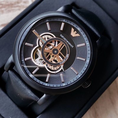 EMPORIO ARMANI Meccanico 黑色配玫瑰金色鏤空錶盤 黑色皮革錶帶 男士 自動機械錶 AR60012