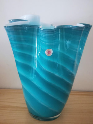 【二手】日本原裝進口花束型海藍色手工玻璃花瓶，重工拼色工藝，花瓶口徑 擺件 舊貨 老貨 【景天闇古貨】-489