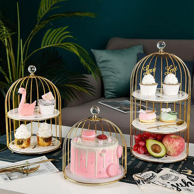 創意鳥籠食物架展示架陶瓷三層甜品臺托盤雙層蛋糕架下午茶點心架