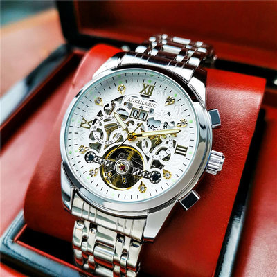 現貨男士手錶腕錶AOKULASIC奧古拉斯新款男士全自動機械錶鏤空時尚日歷鋼帶腕錶