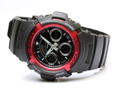 CASIO G-SHOCK限量款／黑紅配指針數位雙顯手腕錶／AW-591-4ADR