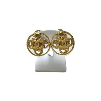 Chanel vintage香奈兒復古四葉草🍀線條鏤空造型圓圈金黃色古董夾式耳環 耳釦