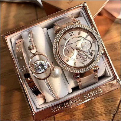 直購#Michael Kors MK手錶 鑲鑽大錶盤日曆防水三眼時尚女錶mk5896 手錶手鐲手環三件套裝組合