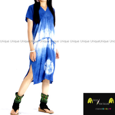 Unic＠泰國進口洋裝TD332『藍染100%純棉V領＿超涼感❄️兩側開叉洋裝』異國風 超顯瘦 文藝風 中長洋裝