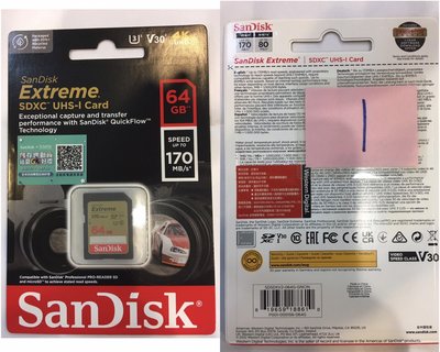 SanDisk Extreme SDXC 64GB 記憶卡 SD 64G UHS-I U3 V30 170MB/s 公司貨 SDSDXV2