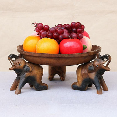 星星館 東南亞特色軟裝家居會所創意工藝品泰國進口實木雕刻三象水果盤LJ