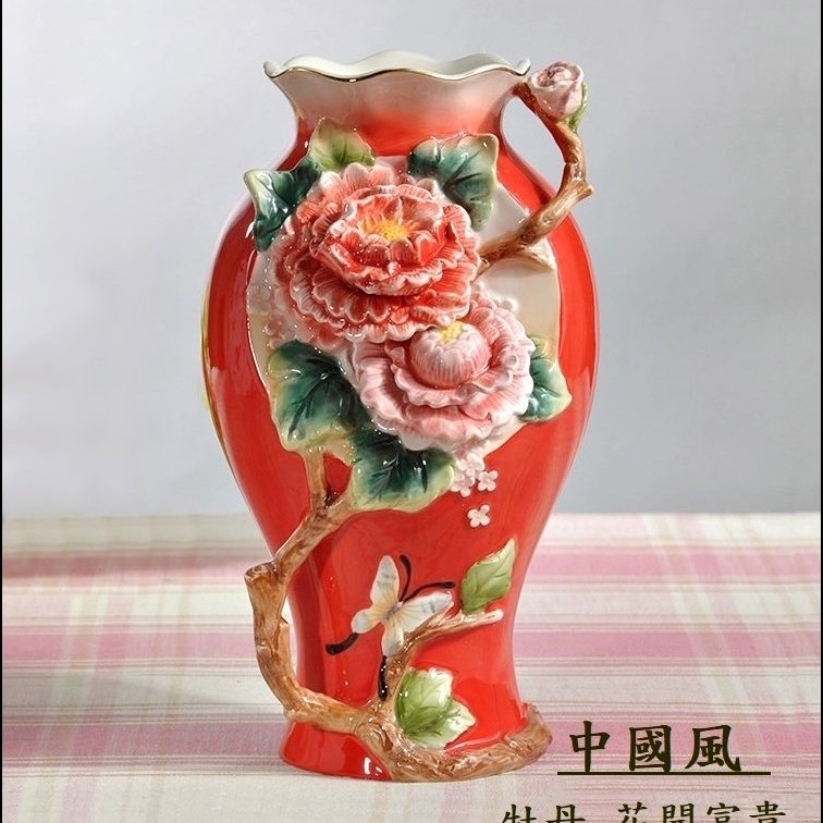 中國風立體紅色牡丹花陶瓷花瓶花器造型聚寶瓶花好月圓花開富貴 