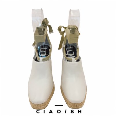 CIAO/SH 名牌精品店LOEWE 白色小羊皮 草編楔型 尖頭綁帶包鞋