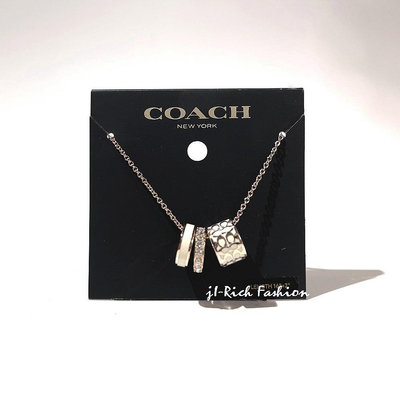COACH 玫瑰金鍊/白色經典C字琺瑯材質+水鑽3環造型項鍊-附防塵袋 #C9446