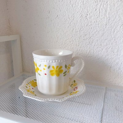 【熱銷精選】法式ins田園風小黃花咖啡杯碟套裝陶瓷杯復古三葉瑾下午茶vintage