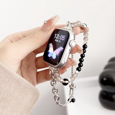 愛心瑪瑙吊墜手鍊錶帶 適用於 Apple Watch S8/Ultra/7/6/se2/4 蘋果智能手錶配件 女生 夏季