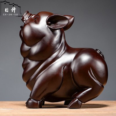 【熱賣下殺】黑檀實木雕刻福豬擺件十二生肖動物豬創意紅木家居裝飾工藝品禮品