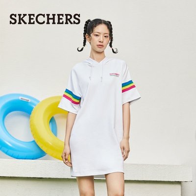 100原廠％Skechers斯凱奇2021夏季女款連衣裙漢口二廠聯名修身連帽針織裙子