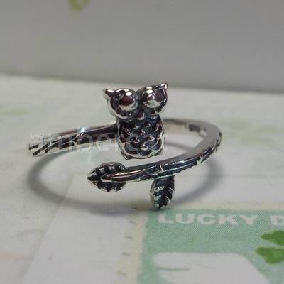琥珀貓銀飾DIY【925純銀飾品】可調式活動戒指~A0693~枝頭上的貓頭鷹~一個