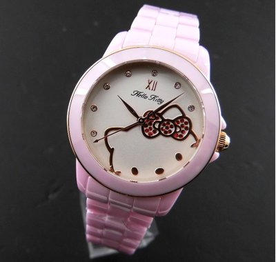 【 幸福媽咪 】網路購物、門市服務 HELLO KITTY 公司貨 時尚陶瓷腕錶-金x粉紅/35mm LK673