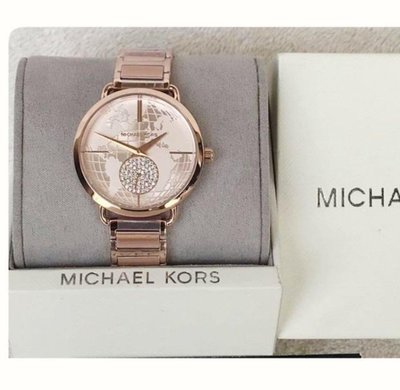 MICHAEL KORS 晶鑽獨立小秒盤浮雕地圖玫瑰金不銹鋼錶帶石英女士手錶 MK3828