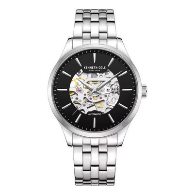 【柏儷鐘錶】 KENNETH COLE 銀鋼黑面鋼帶鏤空機械錶  KCWGL2216907