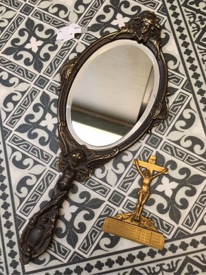 法式老物天使古銅浮雕手拿鏡 &amp; 古董銅鏡/桌鏡