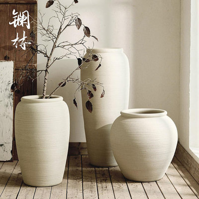 落地陶瓷大花瓶客廳插干花簡約裝飾侘寂米白色粗陶罐客廳新款擺件