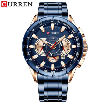 【】 Curren ( 8363 )  六針石英錶 商務日曆 24小時指示 鋼帶表 男士手錶