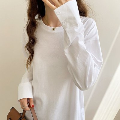 BEFE時尚精品 純棉 時髦寬鬆 雙扣袖口 白色T恤 中長款 29101-1