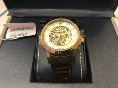 瑪莎拉蒂手錶MASERATI手錶 編號R8821119003,玫瑰金錶面壓鱷魚紋棕色皮革錶帶款實品照