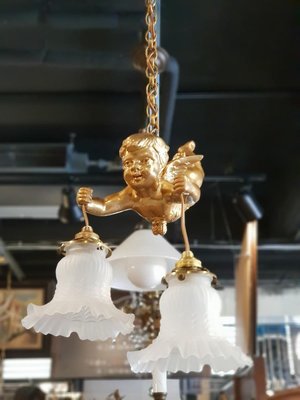 【卡卡頌 歐洲跳蚤市場/歐洲古董】法國老件_漂亮面容 小天使(大尺寸 31公分)古董吊燈 花瓣玻璃燈罩 l0261✬